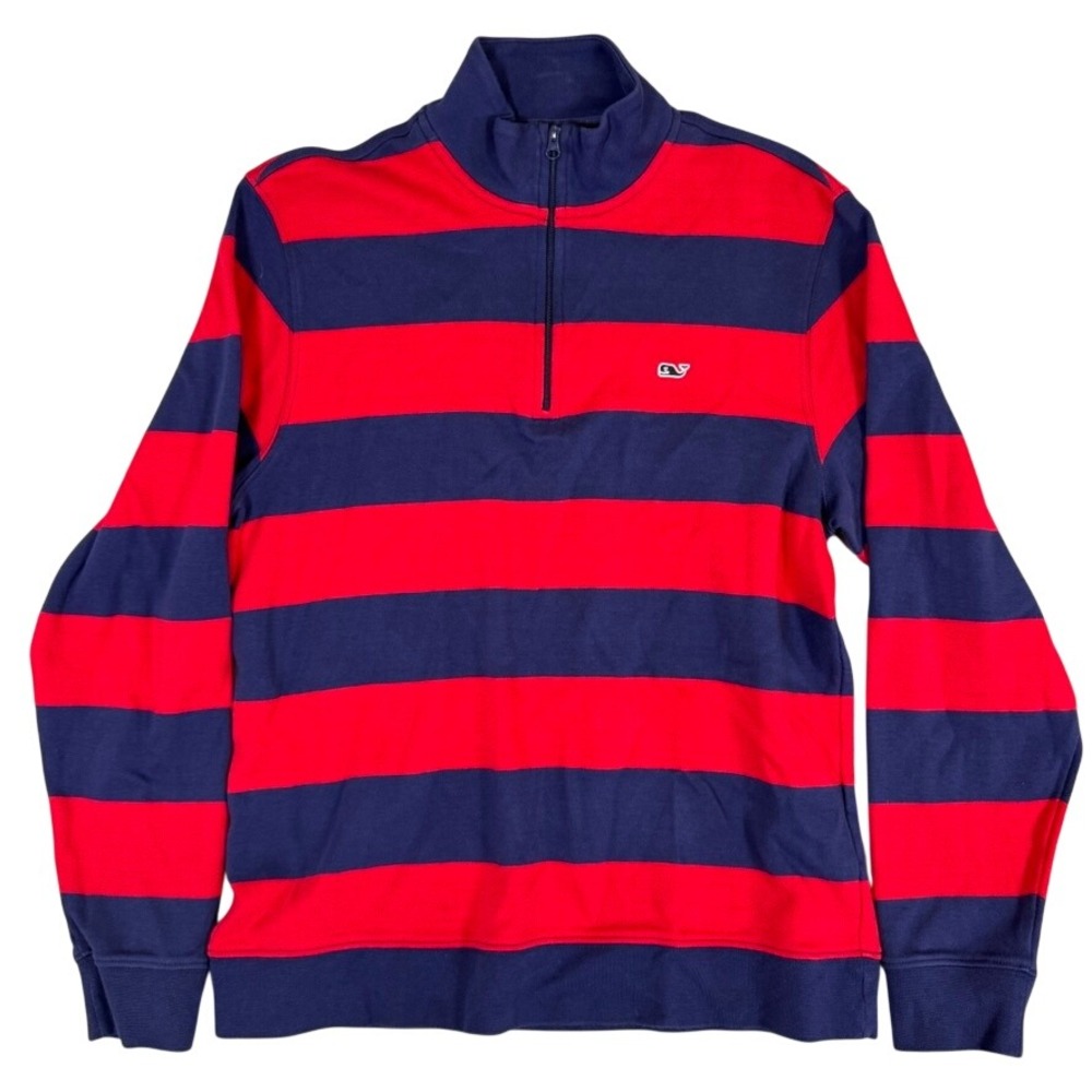 Vineyard Vines Mens Red Navy Striped Zip Pullover Whale Logo Sweatshirt S